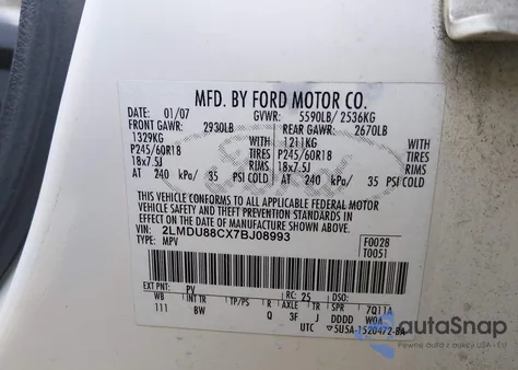 2007 Lincoln Mkx from USA, damaged, VIN 2LMDU88CX7BJ08993